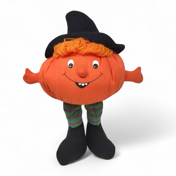 1982 Vintage Hallmark Orange Pumpkin Witch Halloween Bean Bag Plush - Picture 2 of 9